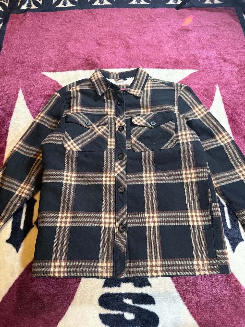 Empyre Plaid Sherpa Lined Flannel Shirt Jacket Size XS Black Brown
